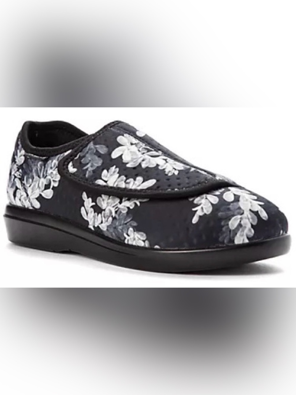 Propet 7XX (4E) Womens Adjustable Slip-On Cush 'N Foot Black Floral Velcro Slide